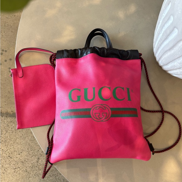 Gucci Pink Leather Printed Drawstring Backpack Bag - Picture 1 of 9
